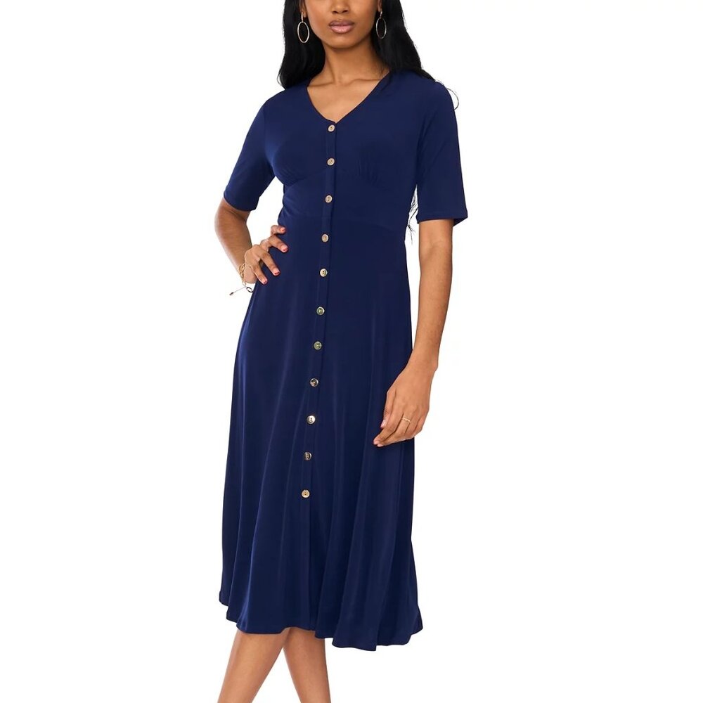 MSK Women's Short-Sleeve Button-Front Midi Dress JBS Navy
